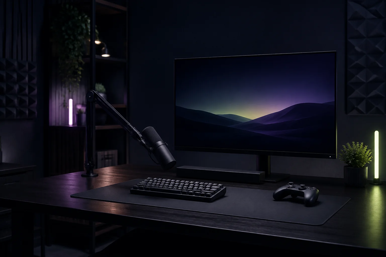 Ein Streaming-Studio mit Mikrofon, Monitor und Controller.
